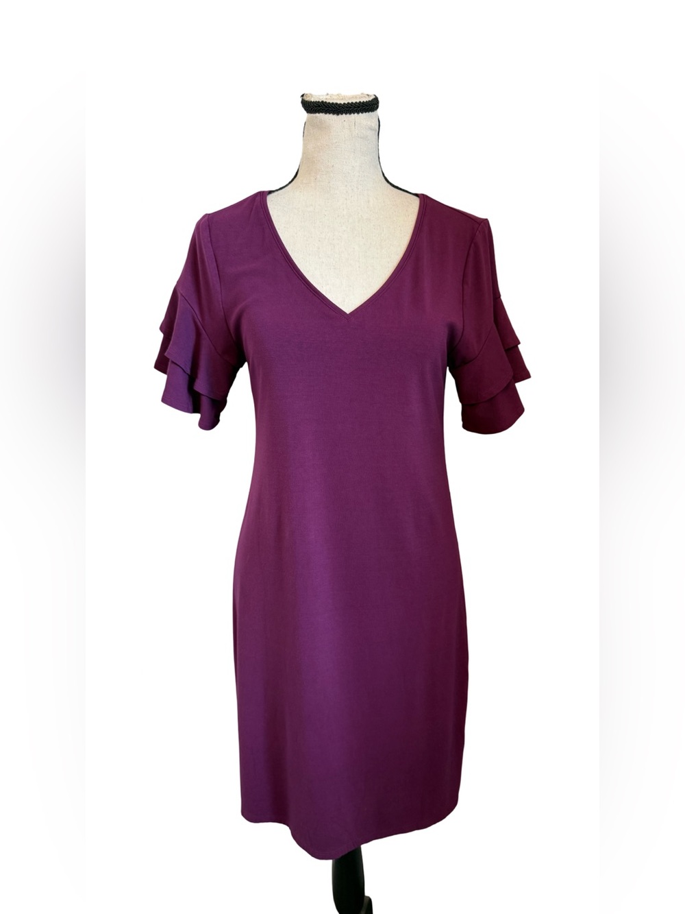 White House Black Market Purple V-Neck Ruffle Sleeve Dress Women’s Small